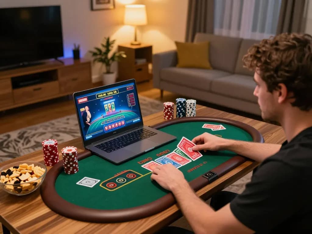 Player enjoying situs gacor gameplay at home on laptop, showcasing online casino excitement and strategy