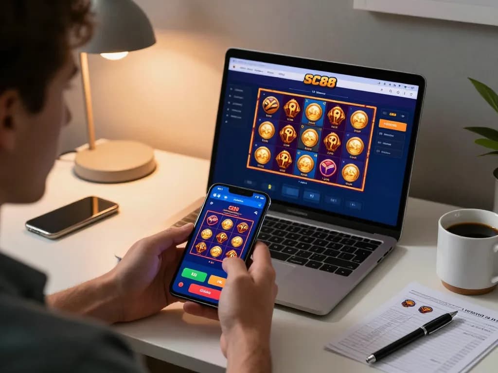 Engaging mobile gaming scene highlighting đăng ký SC88 on smartphone, promoting strategic online gambling experience.