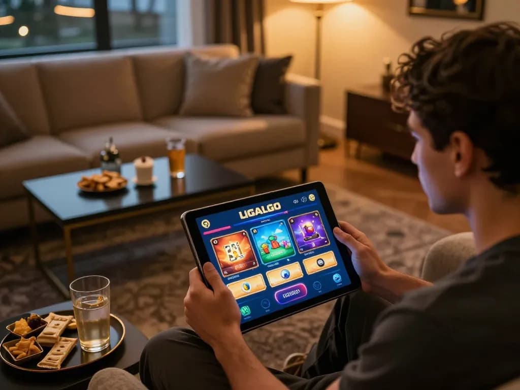 LIGALGO user engaging in immersive online casino gameplay on a tablet in a cozy setting.
