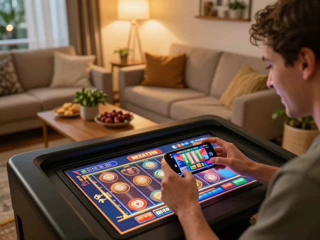 Player enjoying NEKATWIN mobile gaming, showcasing exciting gameplay and vibrant interface in cozy setting