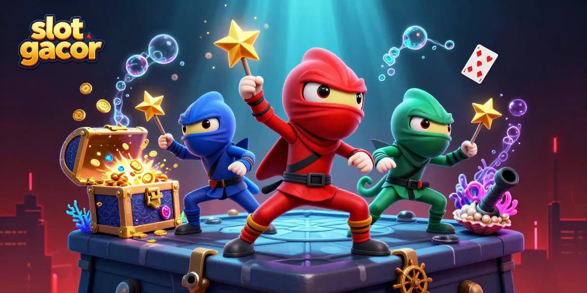 Menangkan jackpot slot gacor dengan ninja chameleon dalam ilustrasi berwarna-warni yang dinamis.