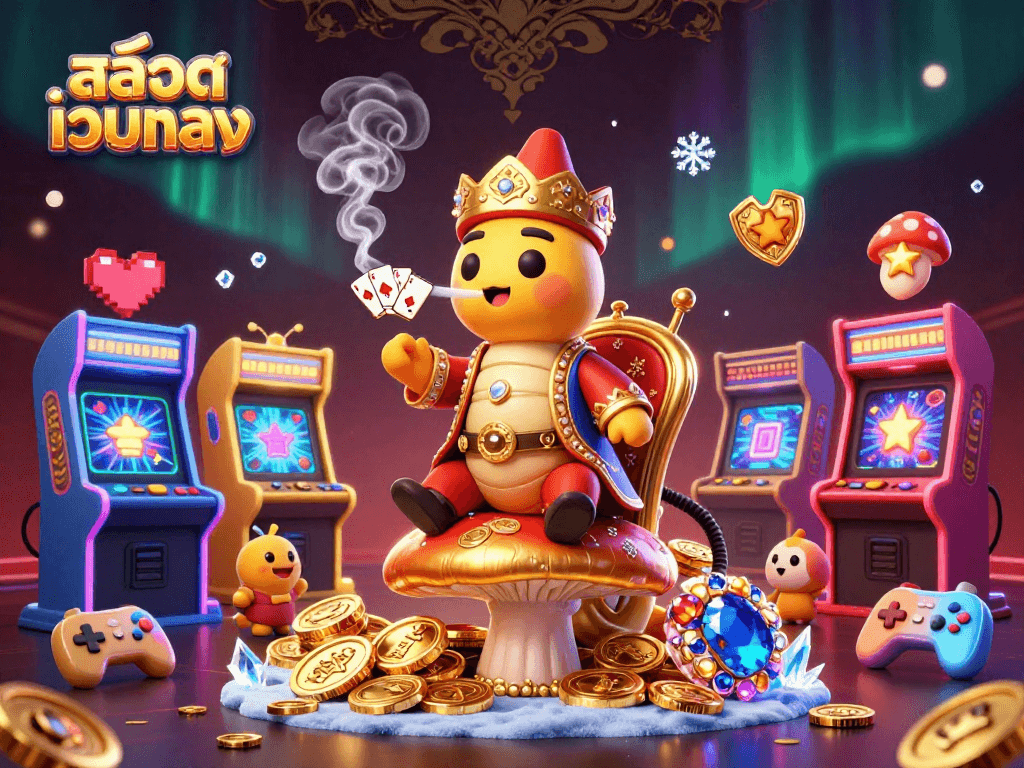 Engage with สล็อตเว็บตรง through a vibrant 3D illustration showcasing a whimsical gaming world filled with casino elements.