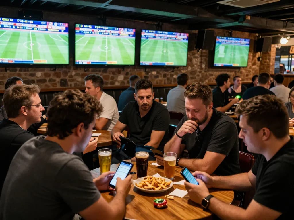Engaged patrons placing bets on https://keonhacai5.mobi/ at a popular sports bar, showcasing excitement in the atmosphere.
