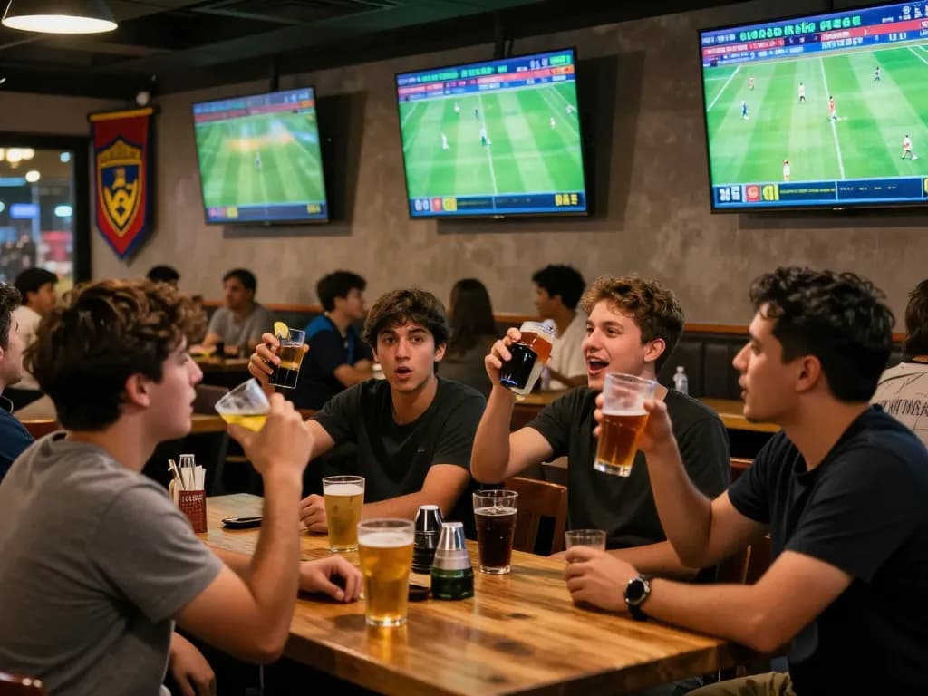 Fans engaging in bóng đá o8 betting at a lively sports bar, watching live matches on multiple screens.