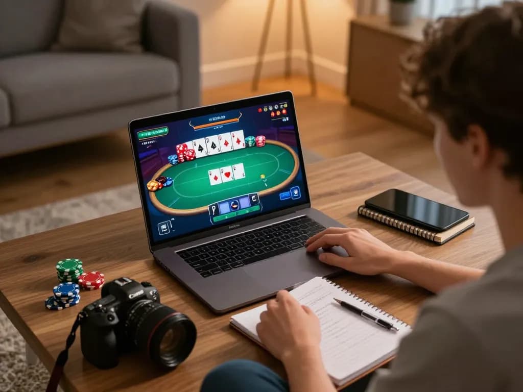 C168 poker player analyzing gameplay strategy on a gaming laptop in a cozy home setting.