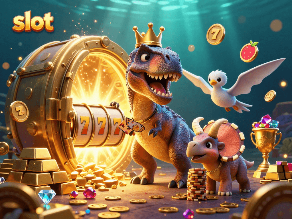 Spin the slot reels with vibrant treasures and cartoon characters in a lively casino scene.