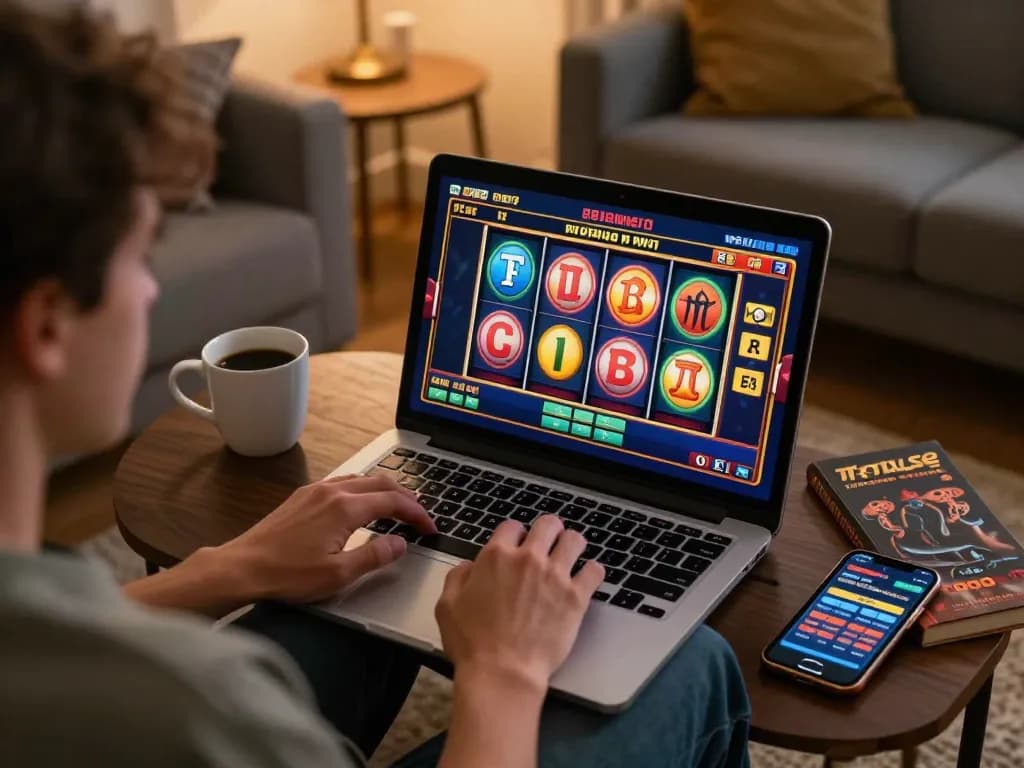 Player enjoying aman788 slot game on laptop at home with warm lighting and cozy surroundings