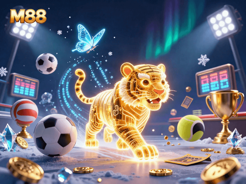 M88 illustrates excitement at a digital casino, showcasing vibrant sports elements and a golden tiger.