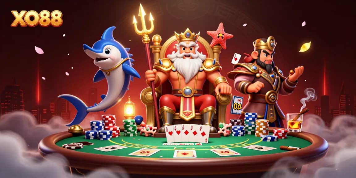 Engage in exciting poker action with XO88's vibrant 3D casino illustration featuring Neptune.