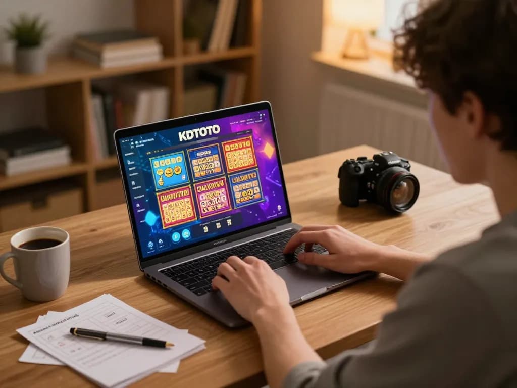 A player engaging with KDTOTO's online gaming interface, showcasing lottery and slot options on a modern laptop.