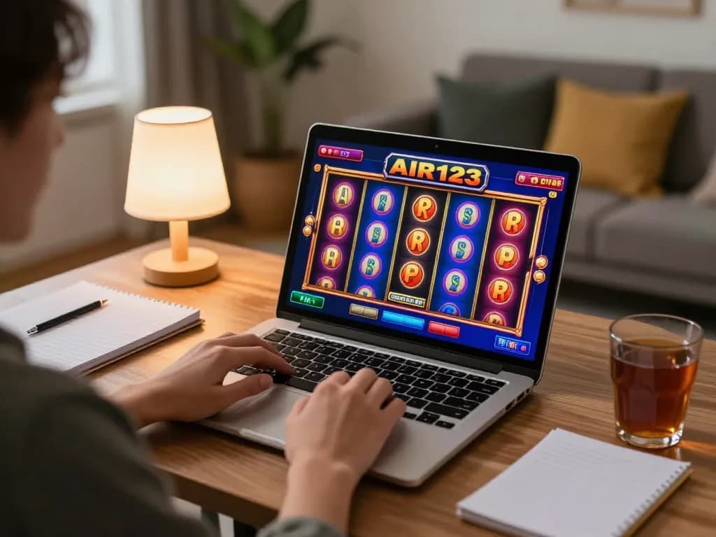 Pengalaman permainan online AIR123 dengan slot berwarna-warni ditampilkan di laptop selama sesi santai di rumah.