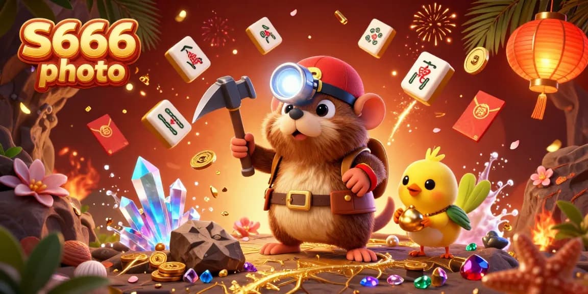 S666 photo illustrates a cartoon mole mining treasures in a vibrant casino scene filled with gaming elements.