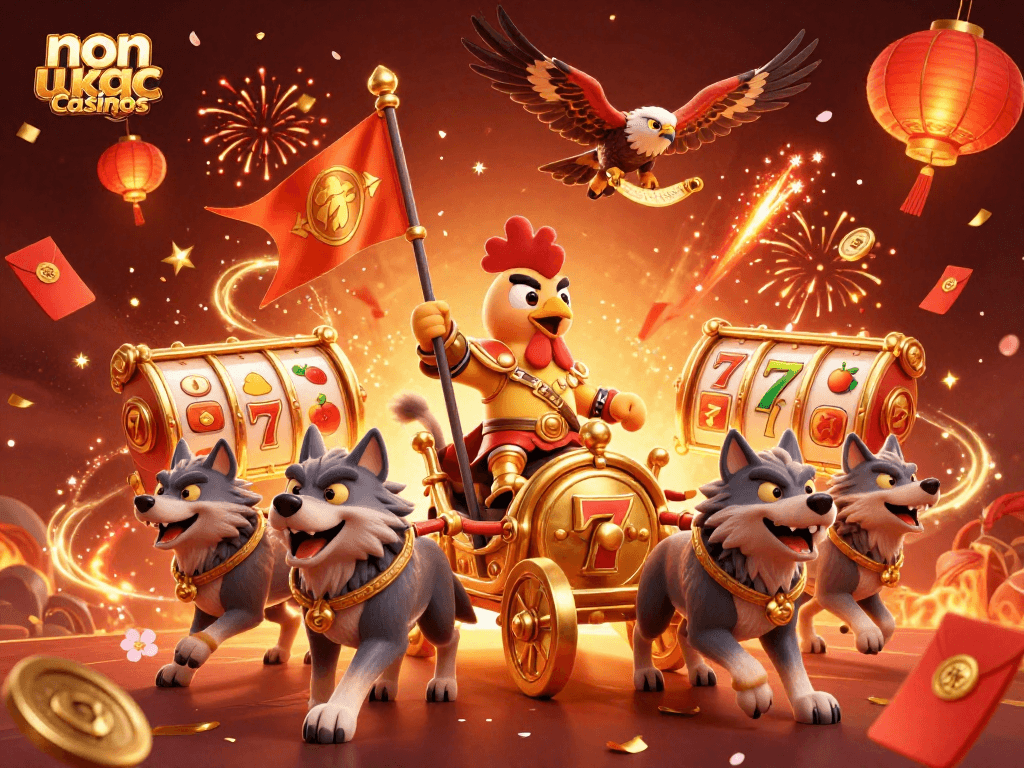 Experience excitement at non ukgc casinos with a vibrant 3D illustration of a rooster warlord and dynamic casino elements.