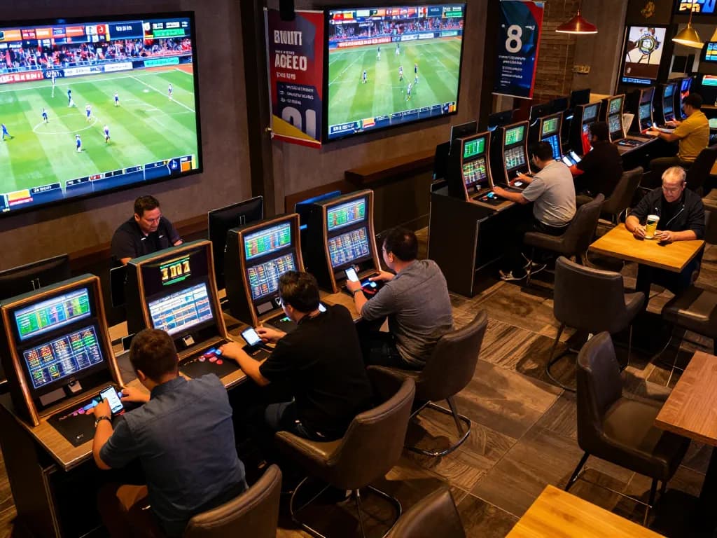 Rikvip players engaging in thrilling sports betting, showcasing excitement and modern technology.