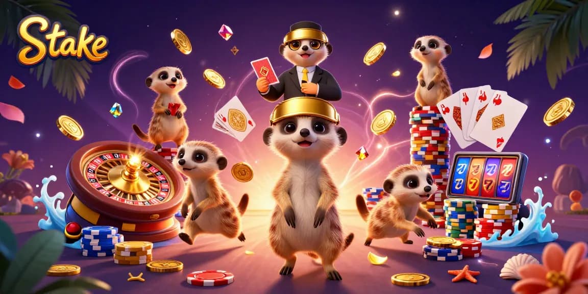 Stake offers an exciting casino experience with animated meerkats in a vibrant gaming scene.