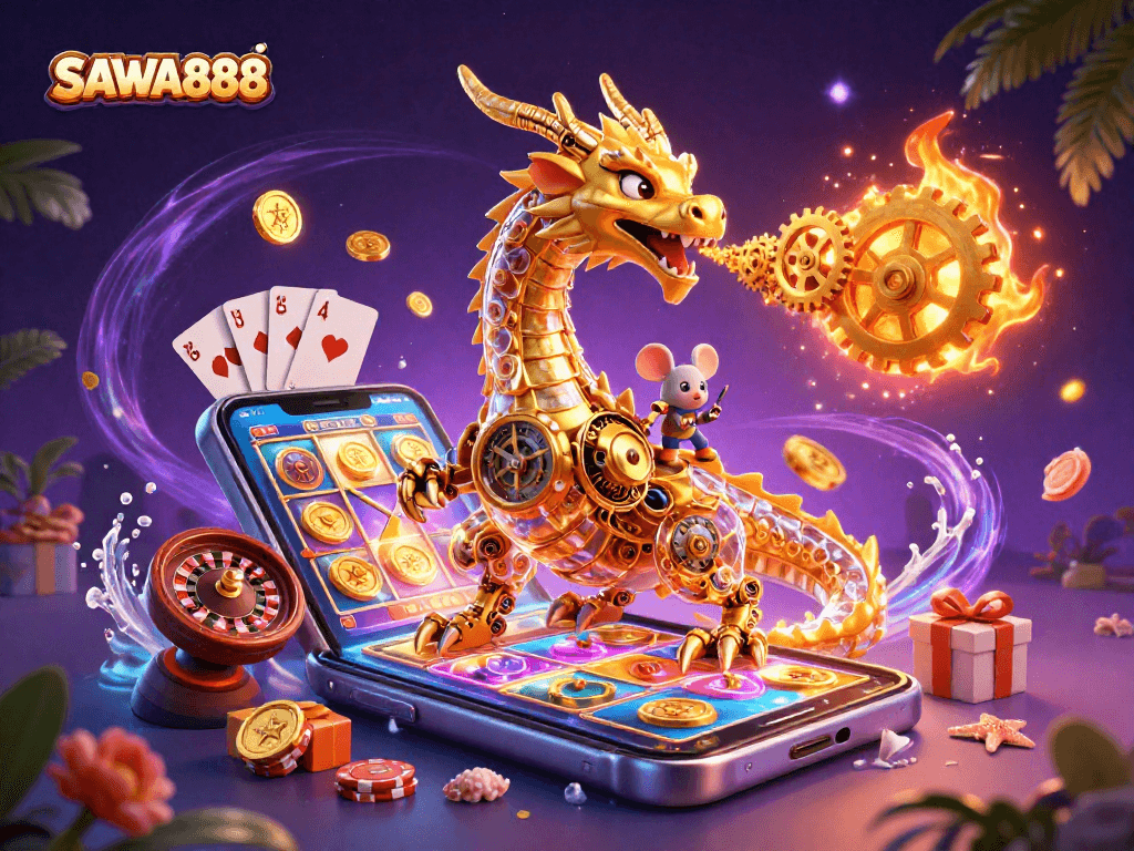 SAWA888 engages players with a vibrant scene featuring a golden dragon and gaming elements.