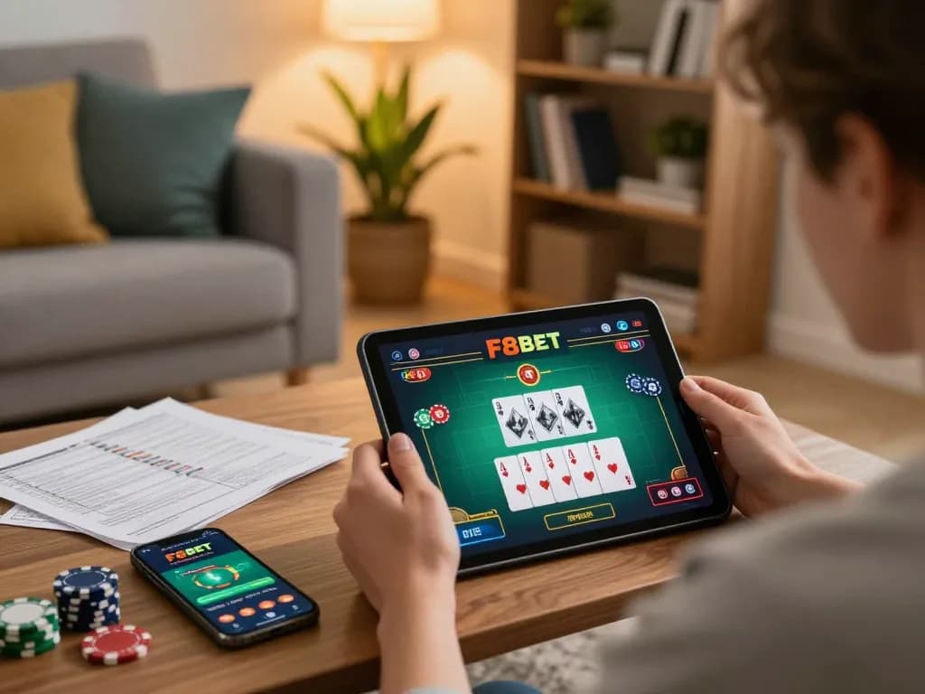 Engaging gameplay on F8BET app displayed on tablet during a cozy home gaming session.