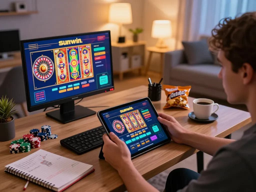 Enjoying the Sunwin casino app on a tablet during an engaging home gaming session with strategic notes.