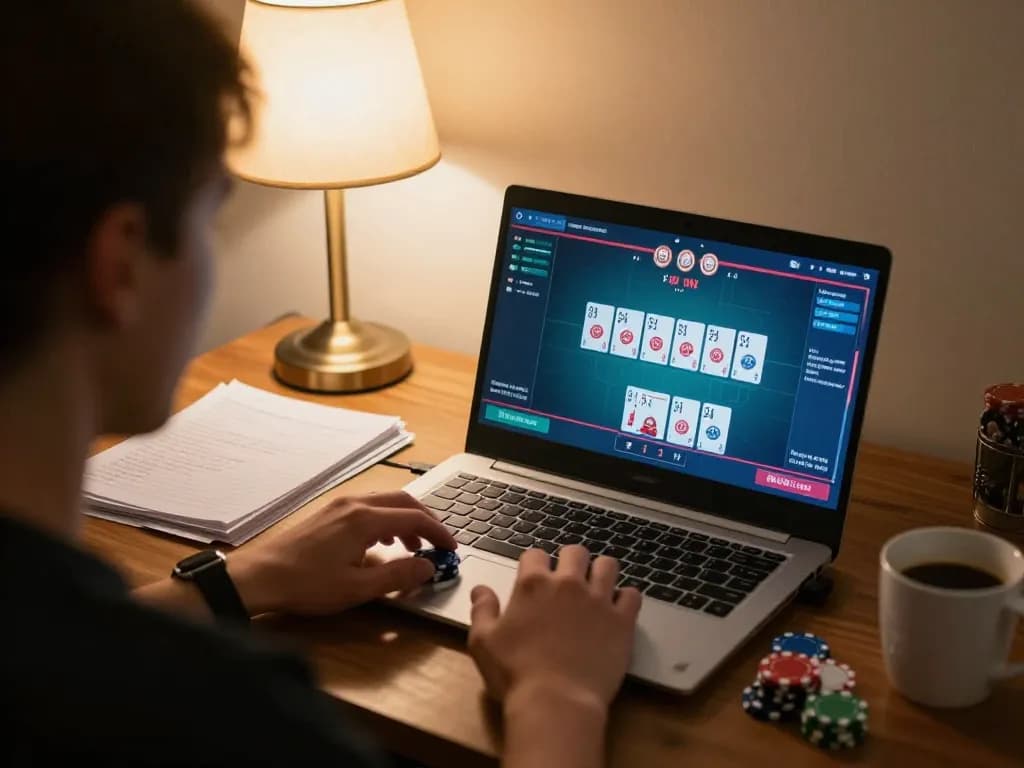 Person plays poker online at home with OPEN88, showcasing gameplay and strategy