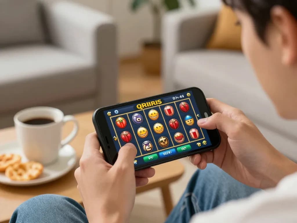 Player enjoying slot qris game on smartphone in cozy home ambiance.