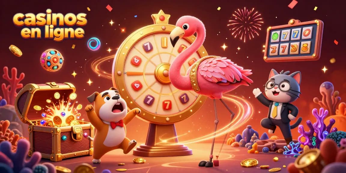 Faites tourner la roue des prix dans une scène de casinos en ligne vibrante avec des personnages de dessins animés et des décorations festives.