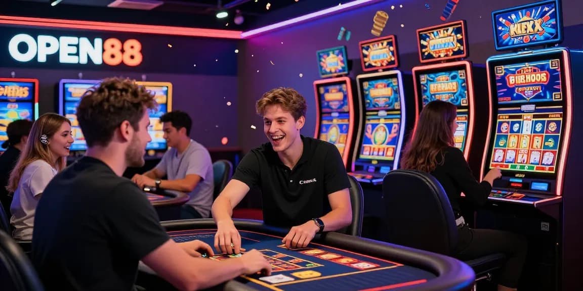 OPEN88 online gambling scene with players enjoying casino games, vibrant atmosphere, and engaging technologies.