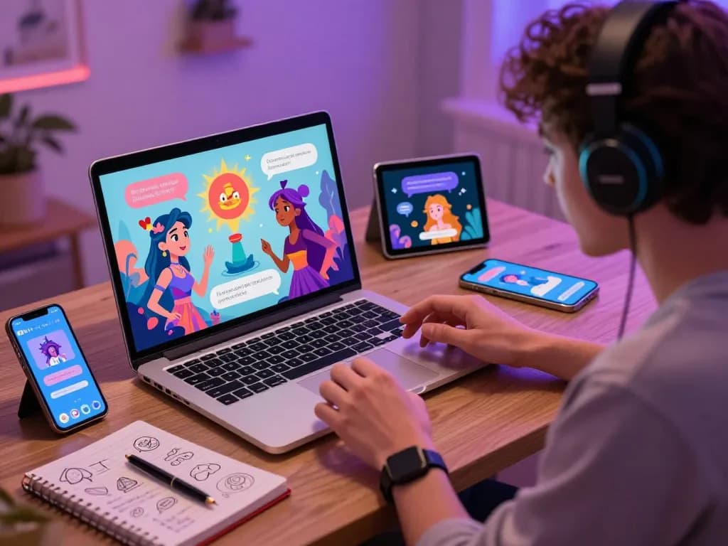 Engaged user in vibrant NSFW AI sex chat on a laptop, showcasing colorful fantasy characters.