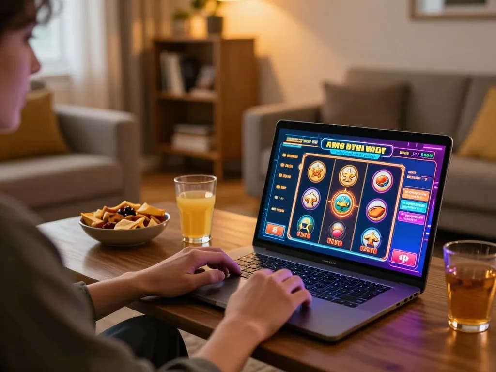 LGOGOAL user enjoying virtual slot machines in a cozy home gaming setup