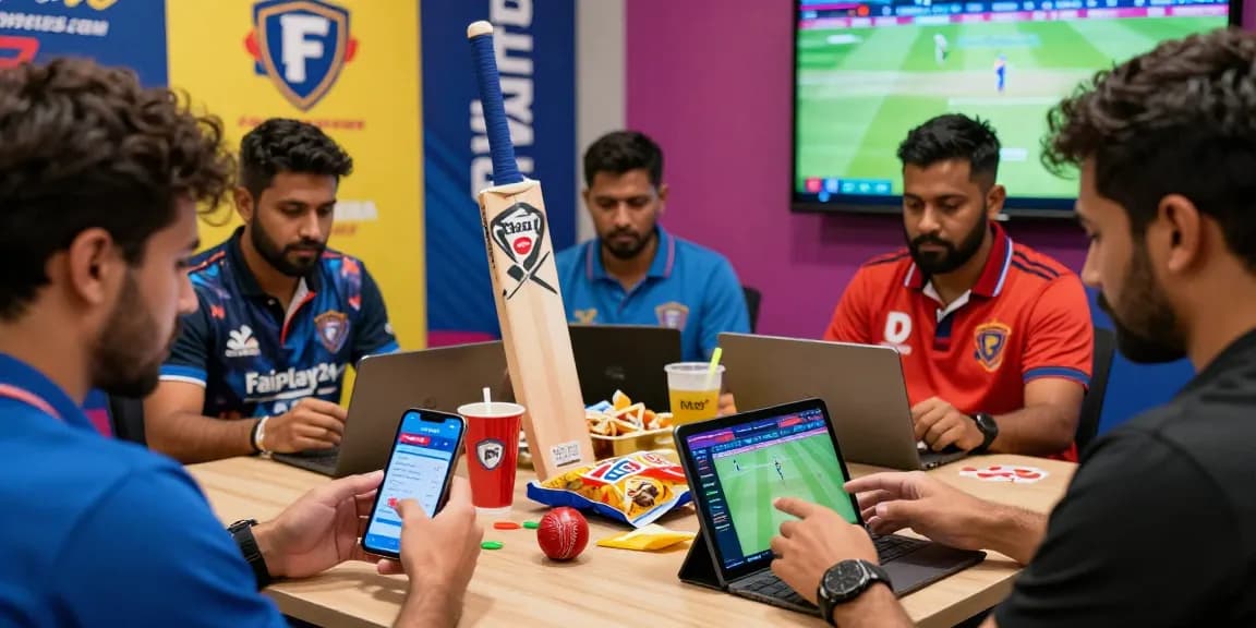 Engaged users betting live on cricket with Fairplay24 in a vibrant urban setting, showcasing dynamic excitement.