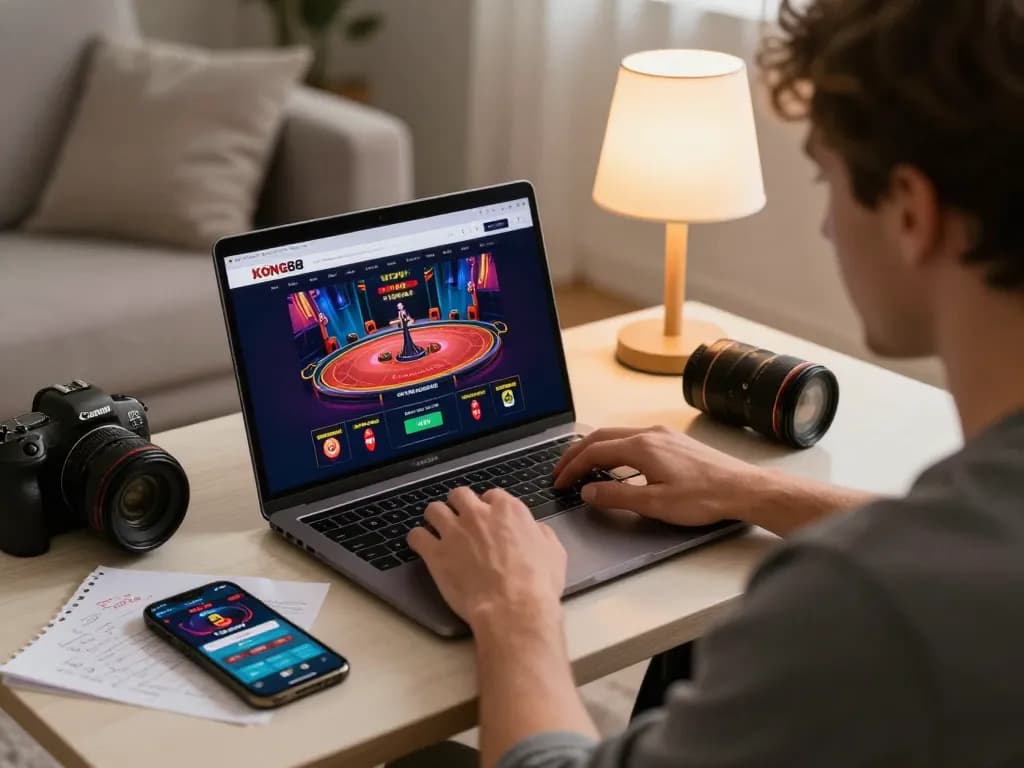 KONG88 player engaged in online casino gaming at home, showcasing live dealer interface and strategic betting.
