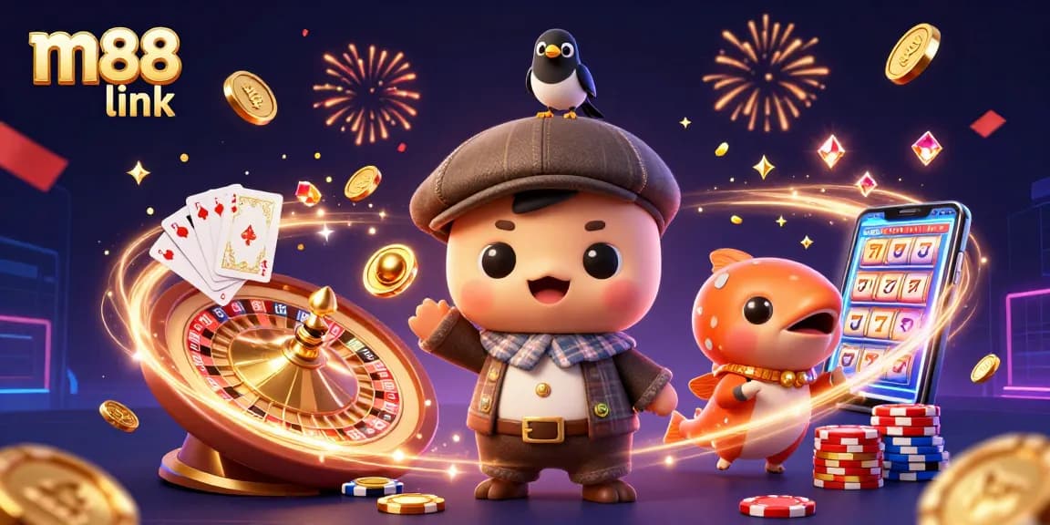 Bet on big wins with m88 link, featuring a vibrant scene of fun characters and dynamic casino gameplay.