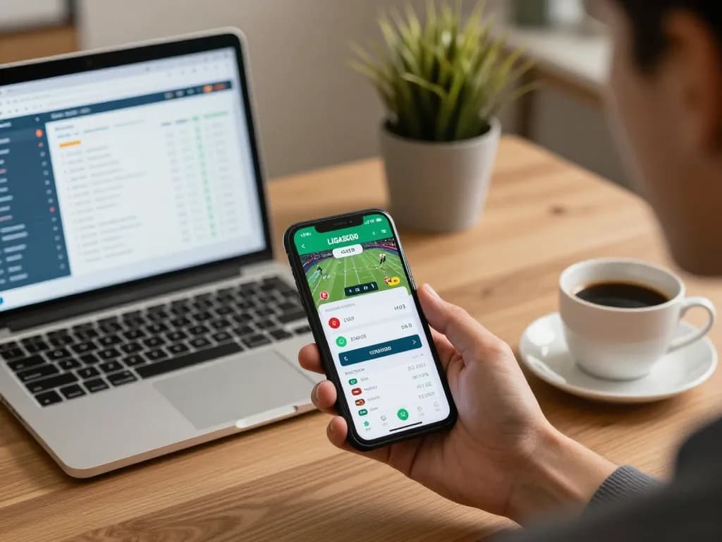 LIGA2000 mobile betting action with a user engaging on a smartphone in a cozy workspace.