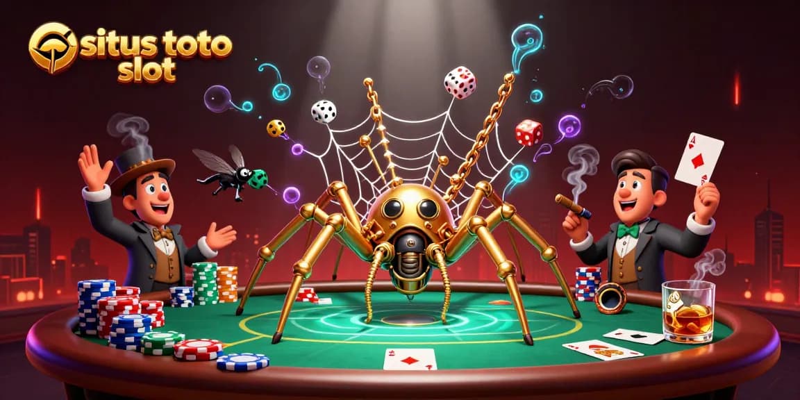 Catch the thrill of situs toto slot with a steampunk spider weaving golden fortunes and poker chips.