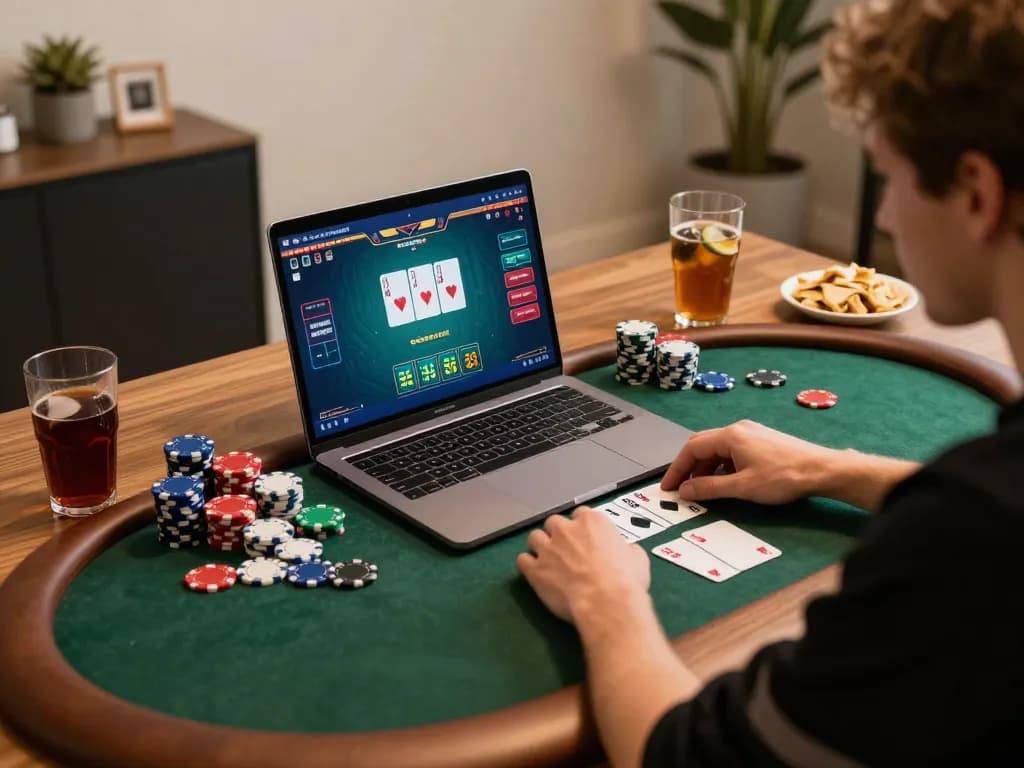 F168 player engaging in high-stakes poker on laptop with colorful chips and game interface
