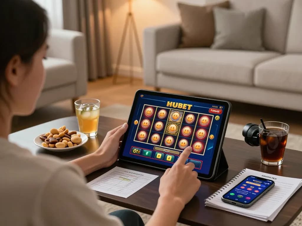 Engaging in Hubet online slot games from a cozy home gaming setup.