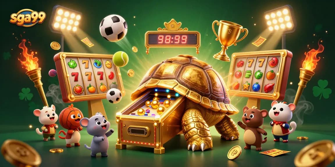 Play exciting games at sga99, featuring a playful golden tortoise and vibrant slot elements.