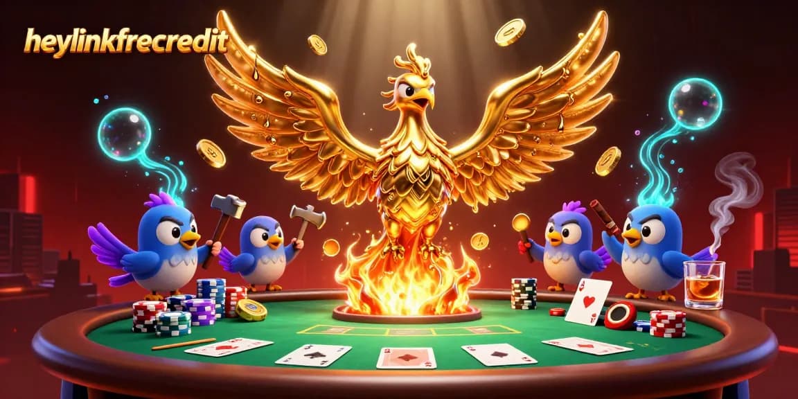 Engage with heylinkfreecredit through a vibrant casino illustration showcasing poker elements and a golden phoenix.