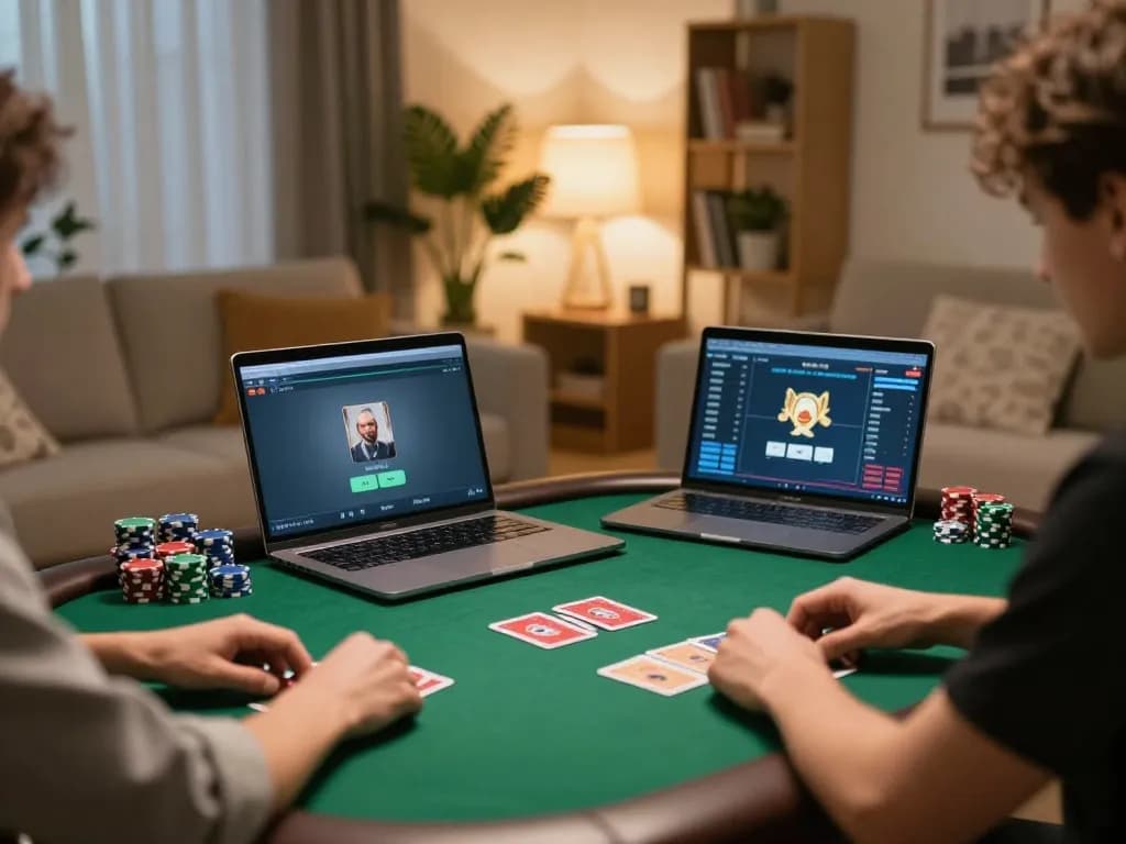 Person enjoying online poker gaming at link 98win in a cozy home setting with warm ambiance.