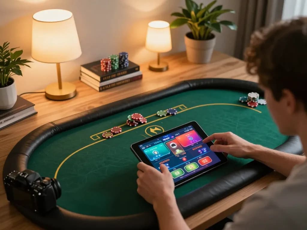 33win online gambler engaging with tablet at home, showcasing strategic poker gameplay.