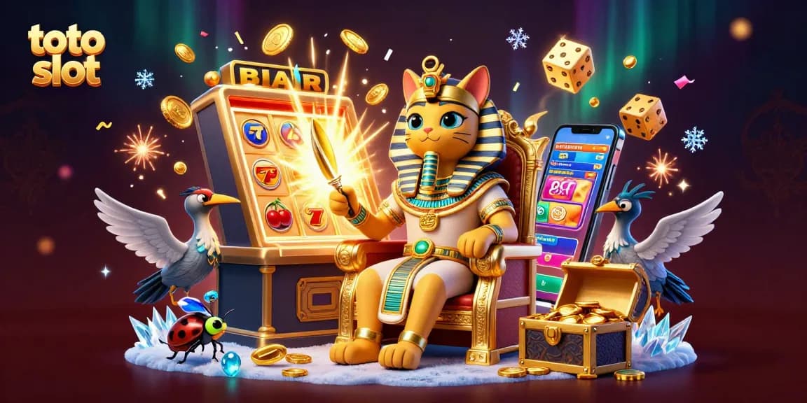 Toto slot game experience with a pharaoh cat and slot machine bursting with coins and gems.