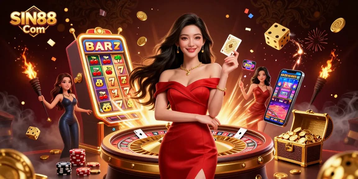 Experience thrilling gameplay at SIN88 Com with vibrant casino elements and an elegant character.