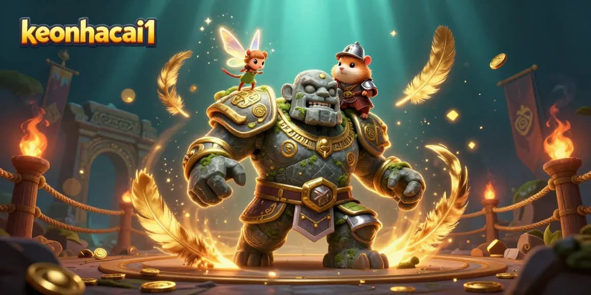 Experience the thrill of keonhacai1 with our magical stone golem and knight in a vibrant casino scene.