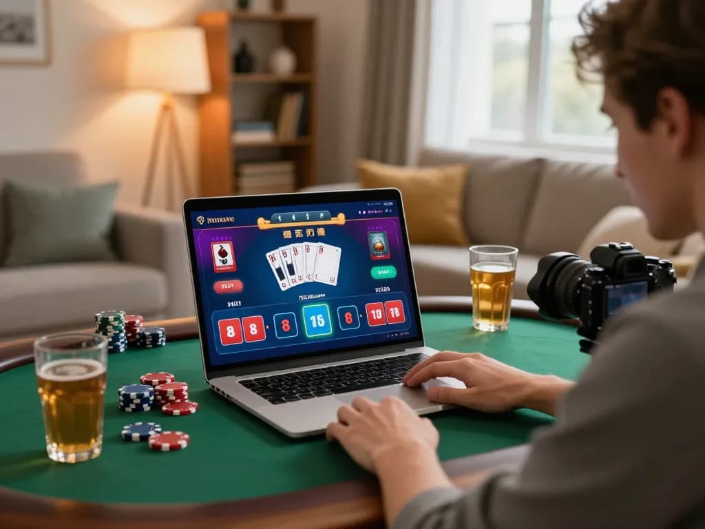 Player strategizing in an online poker game on MM88 platform at home with vibrant setup.