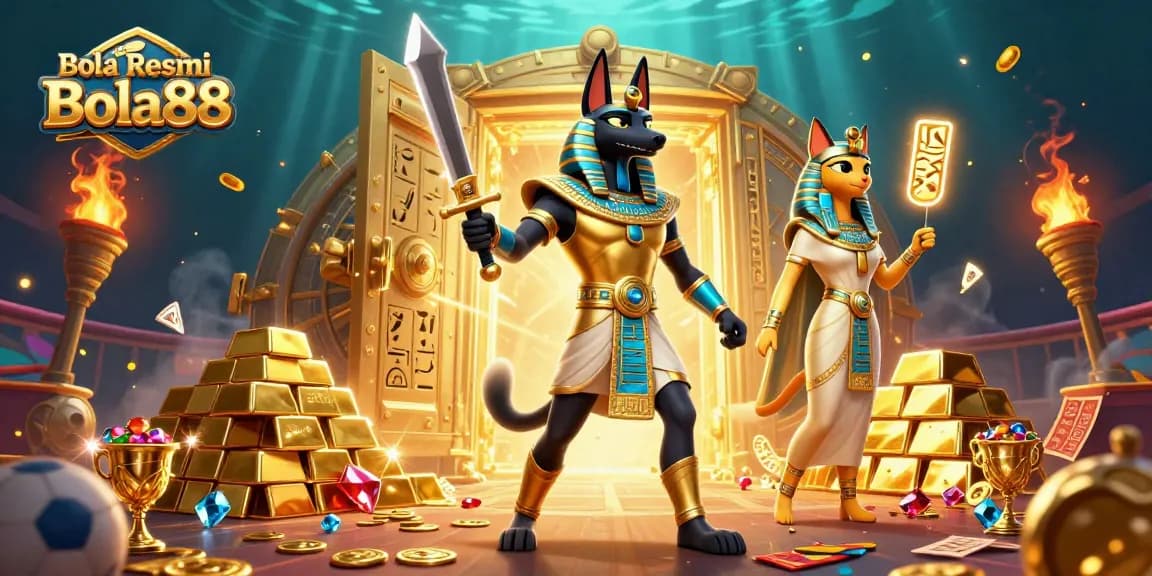 Agen Bola Resmi Bola88 showcases a dynamic scene with ancient Egyptian characters amidst sports betting elements and treasures.