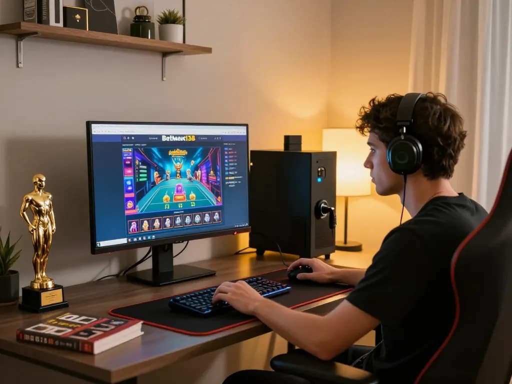 Engaged player using Betmen138 for online gambling strategies in a stylish home setup.