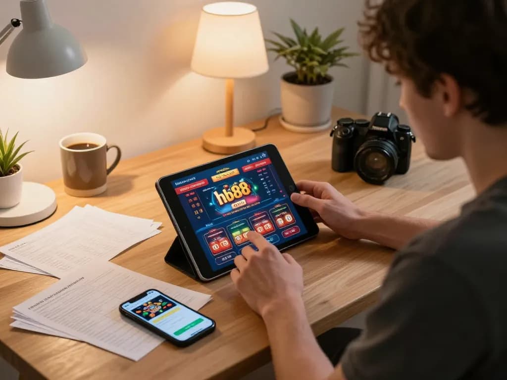 Engaged user playing hb88 online casino game on a tablet, showcasing responsible gambling.