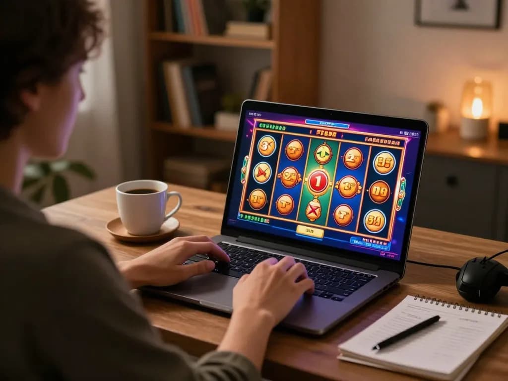 Fun88 gaming experience with vibrant slot games displayed on laptop screen in cozy home office setup.