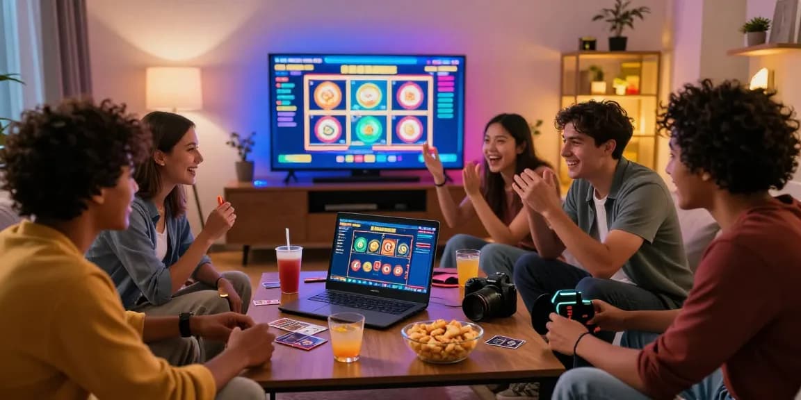 Excited friends enjoying gameplay at a credit card casino in a vibrant living room setting.