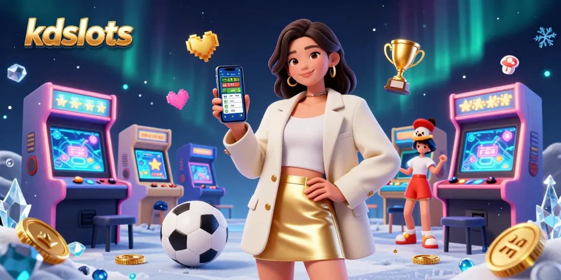 Engage with kdslots through an exciting 3D illustration showcasing sports betting and casino elements.