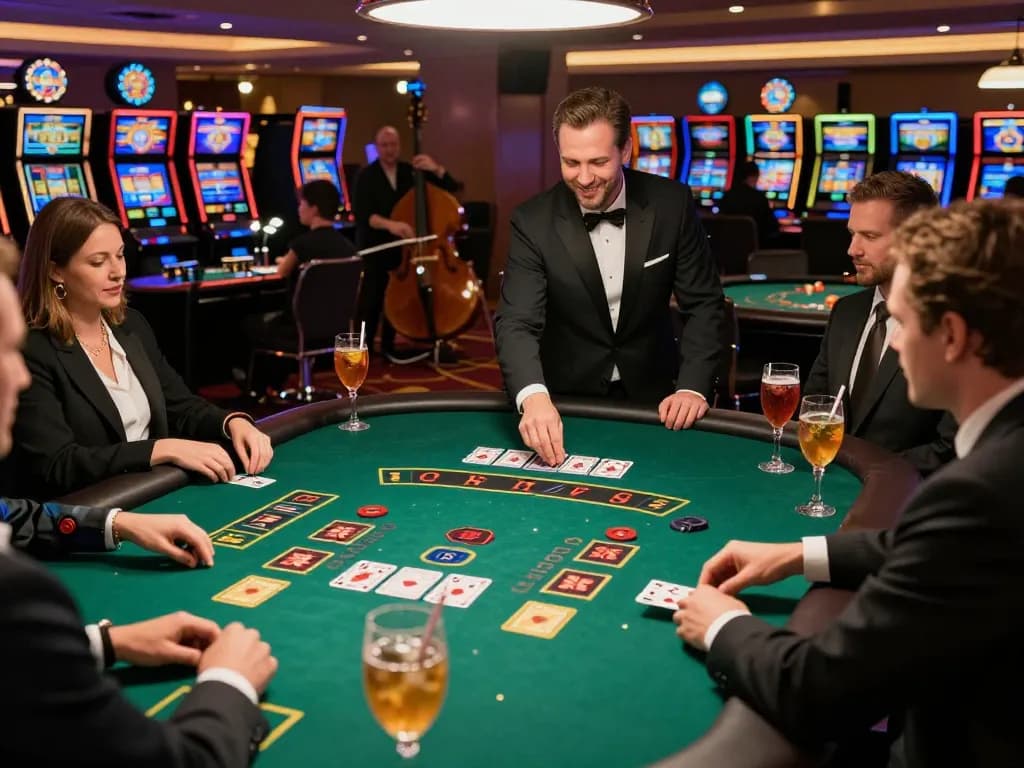 Players engaging in a high-stakes blackjack game at a luxury casino table, showcasing dinamit4d strategy insights.